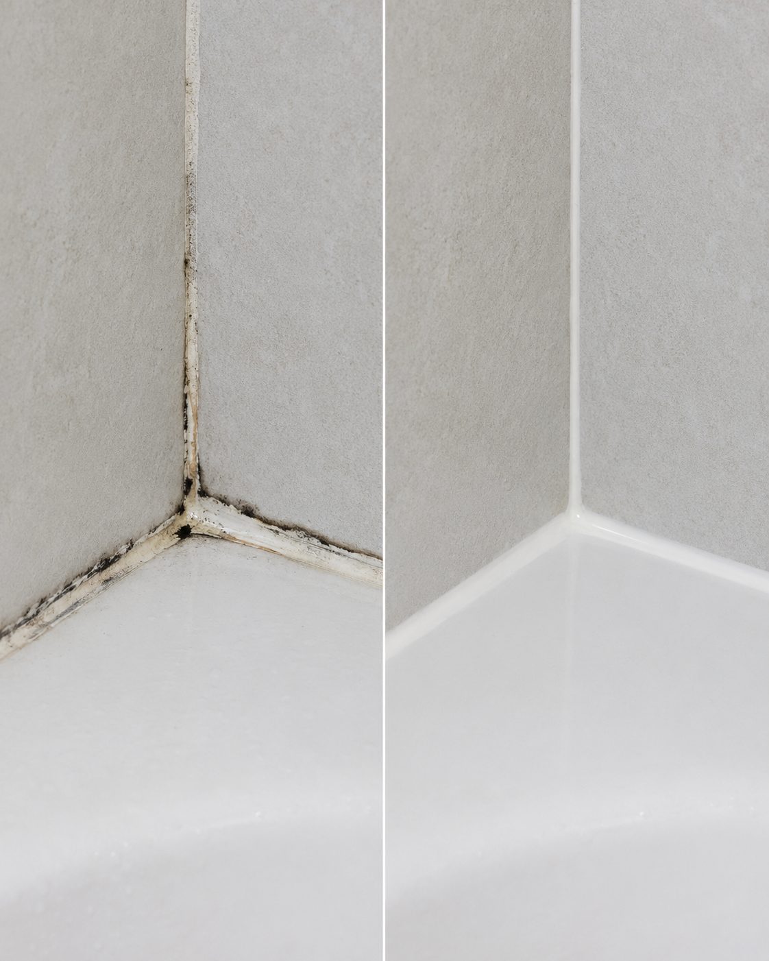 Silikonfuge in der Badezimmerecke: links verschimmelt und porös (vorher), rechts neu erneuert und sauber weiß (nachher)